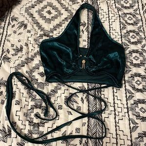 Velvet Halter Crop Top Emerald Green